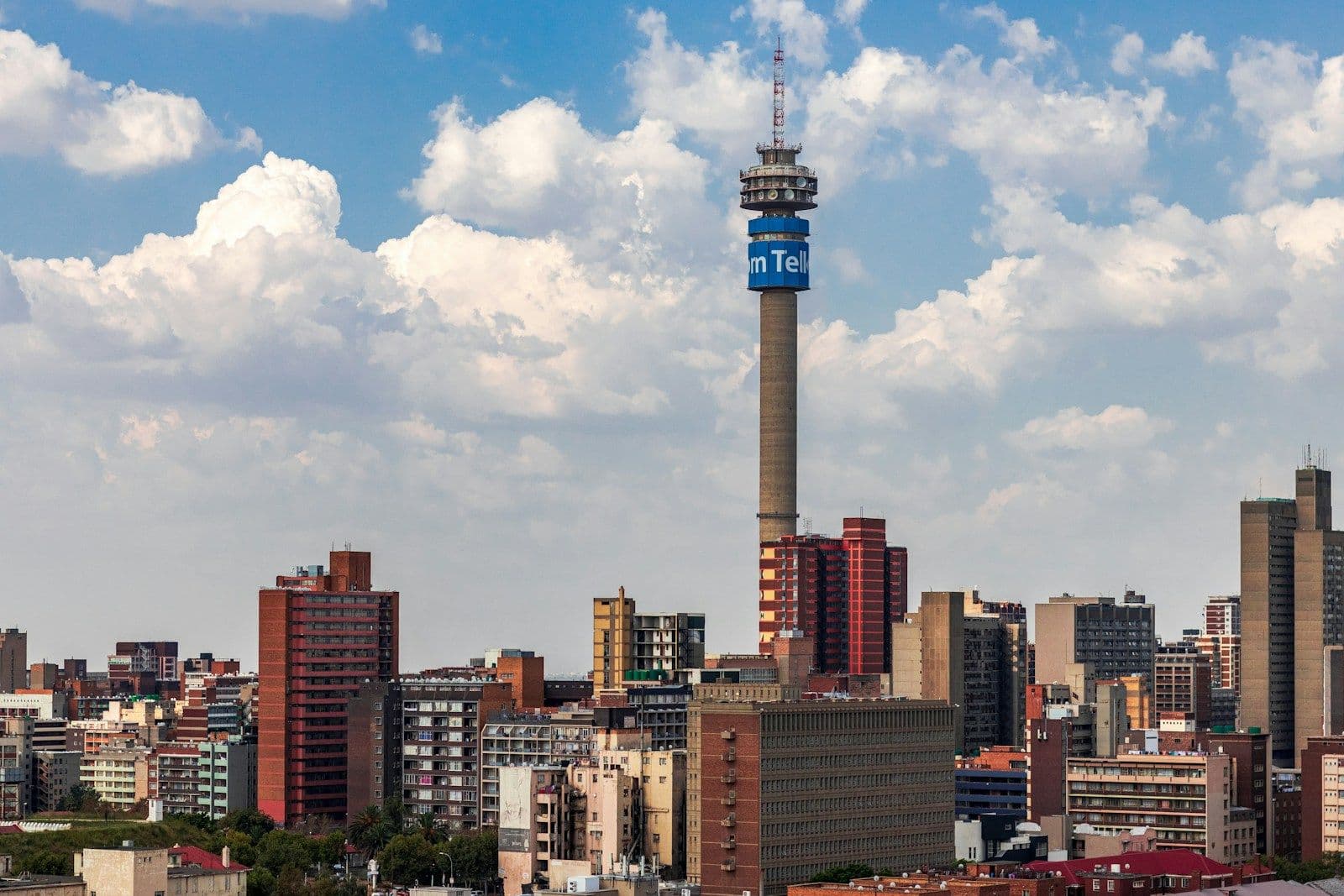 Johannesburg skyline with the Hillbrow Tower under a cloudy sky